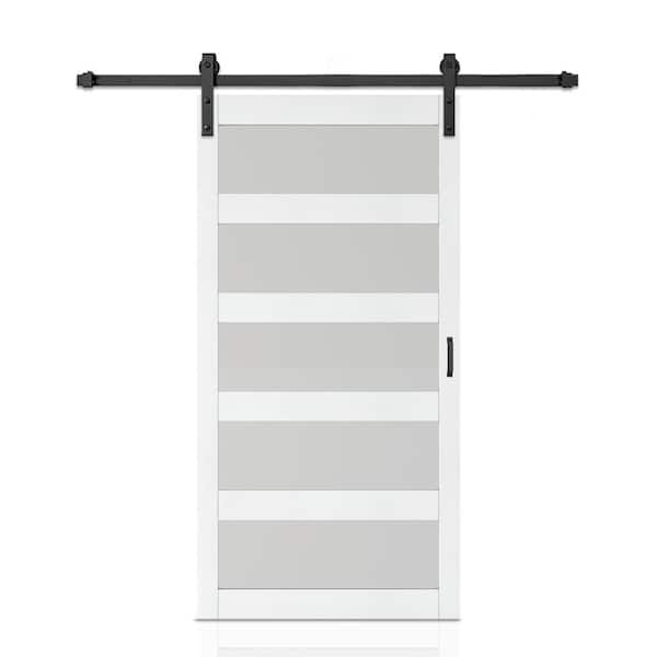 48 in. x 84 in. 5 Lite Tempered Frosted Glass White Finished Composite Interior Sliding Barn Door with Hardware Kit