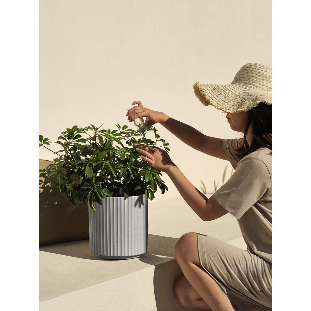 Gray Fluted Plastic-Concrete Round Planter, 11.5" H