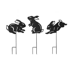 18 in. H Multi-functional 2-in-1 Black Metal Rabbit Silhouette Pick Wall Decor Garden Stake (3-Pack)