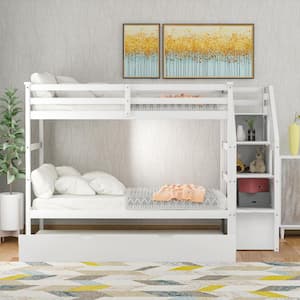 White Twin Over Twin Bunk Bed with Trundle Stairway Bunk Bed Frame with 3-Storage Drawers and Guard Rail