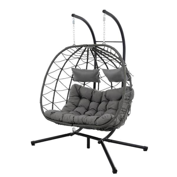 Unbranded 2-Person Gray Wicker Double Swing Egg Chair with Stand and Light Gray Cushions