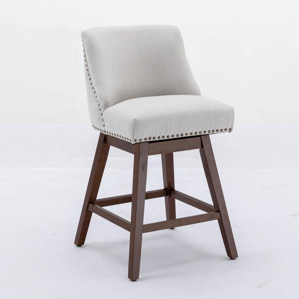26 in. H Ivory Wing Back Wood Counter Height Swivel Barstools Upholstered B