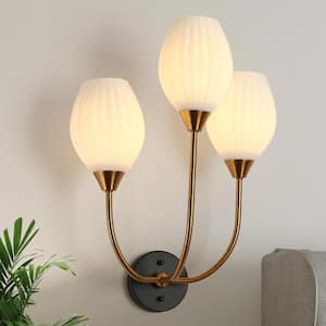 Modern 15.3 in. 3-Light Plated Brass and Black Wall Sconce with White Opal Glass Shade Bathroom Powder Room Vanity Light