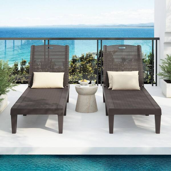 Resin Dark Brown 2-Piece Plastic Outdoor Chaise Lounge with Sunbrella Beige Classic Cushions