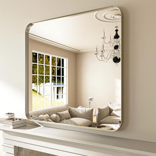 ORGANNICE 36 in. W x 36 in. H Modern Silver Aluminum Framed Rounded Wall Mount Mirror