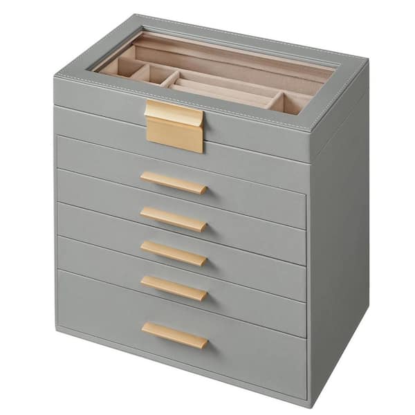 Gray 10 in. x 11.5 in. Polyurethane Modern Jewelry Box Organizer with Glass Lid and 5 Drawers