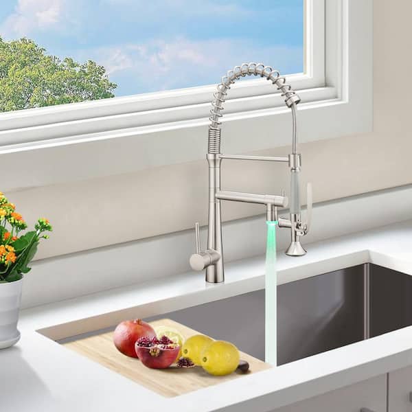 Single Handle Pull Down Sprayer Kitchen Faucet with Pot Filler and LED Light in Brushed Nickel