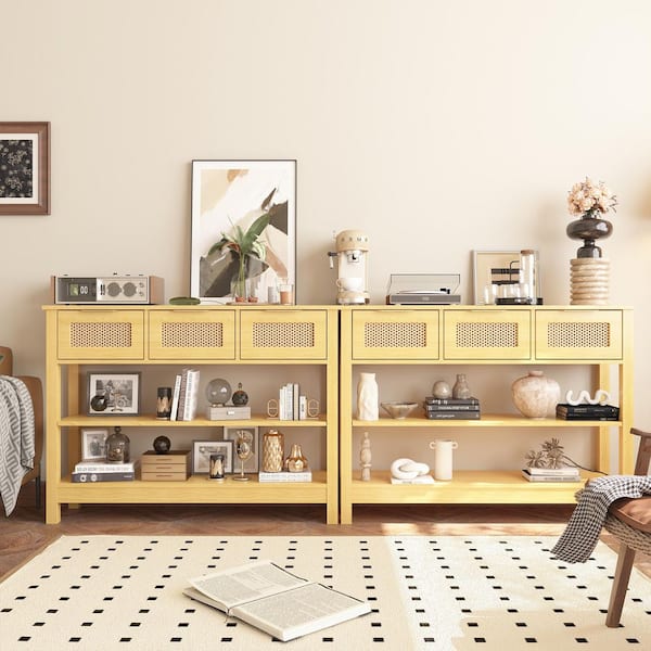 Set of 2 43.3 in. Natural Rectangle Wood Console Table with 3 Top Drawers and 2 Open Shelves