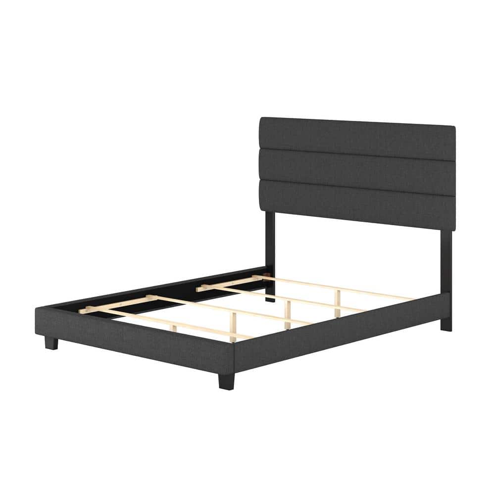 Ravenna Upholstered Linen Tri-Panel Channel Headboard Platform Bed Frame, Q