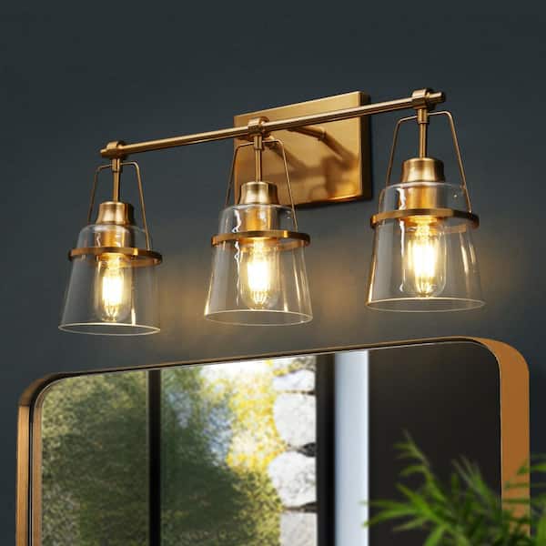 LNC Mid-Century Modern 21.2 in. 3-Light Plated Brass Vanity Light with Bell Clear Glass Shade