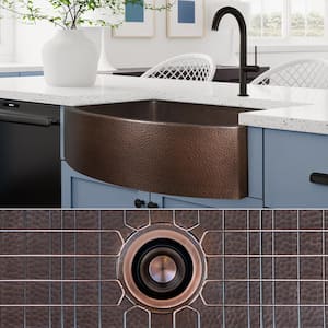 Luxury Dark Patina 12-Gauge Copper 33 in. Single Bowl Farmhouse Apron Kitchen Sink with Accs and Curved Front
