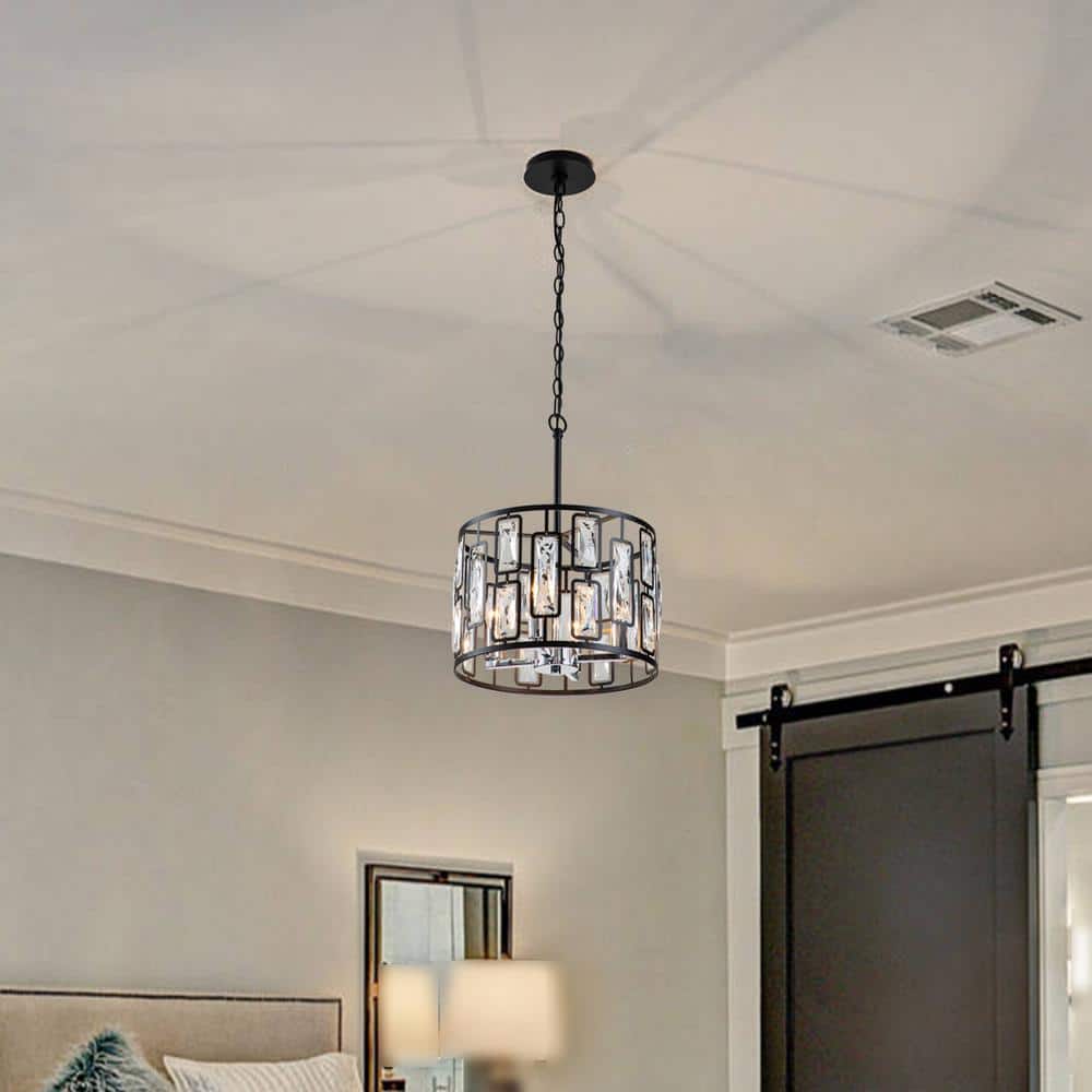 Matte Black Drum Pendant Light with Clear Crystals