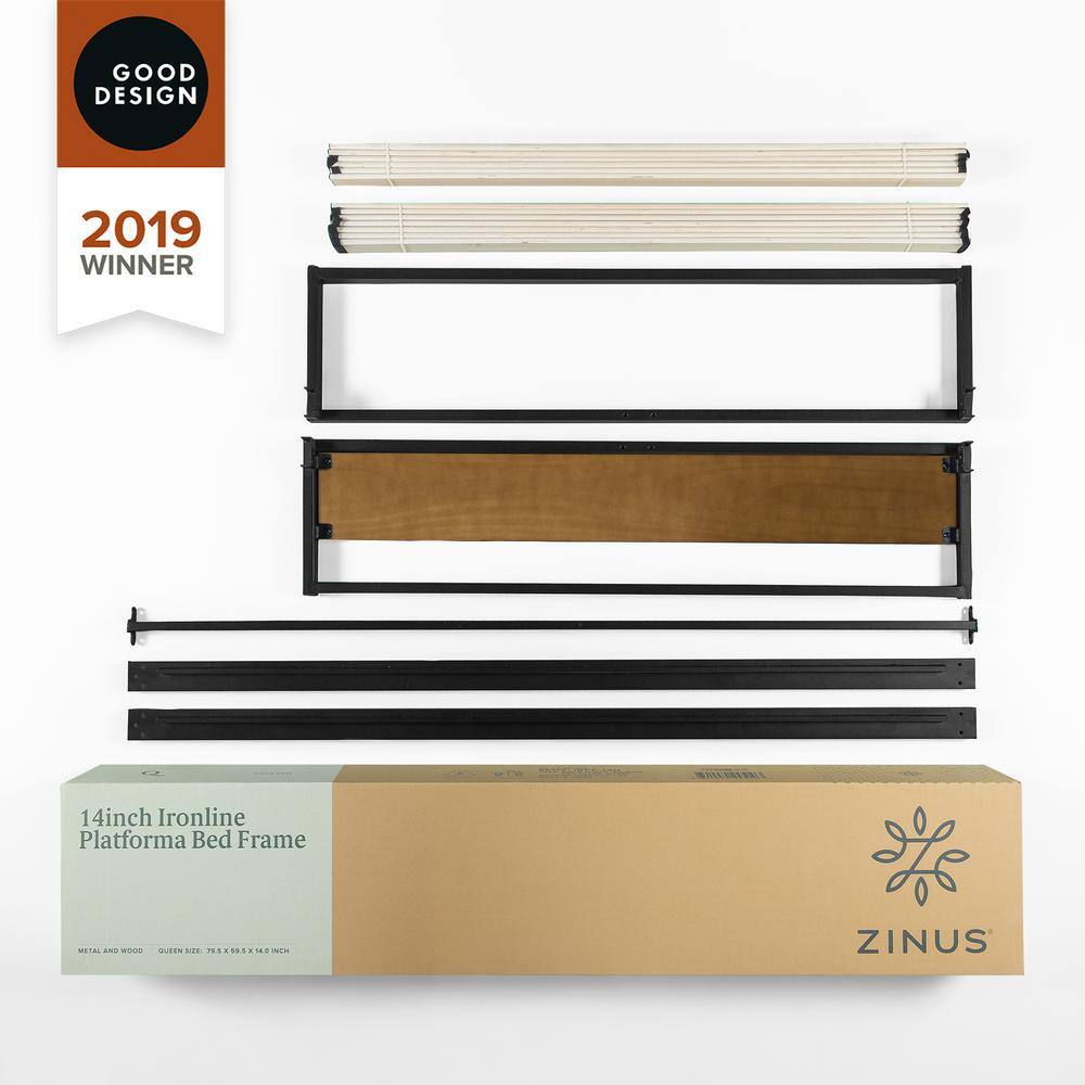 King Size Brown Pine and Metal Platform Bed with Headboard