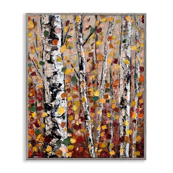 Stupell Industries Autumn Birch Trees Abstract Leaves by Jen Seeley 1-Piece Gray Framed Nature Giclee Art Print 16 in. x 20 in.