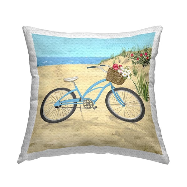 Stupell Industries Blue Beach Bicycle Flower Basket Multi-Color Square Outdoor Throw Pillow