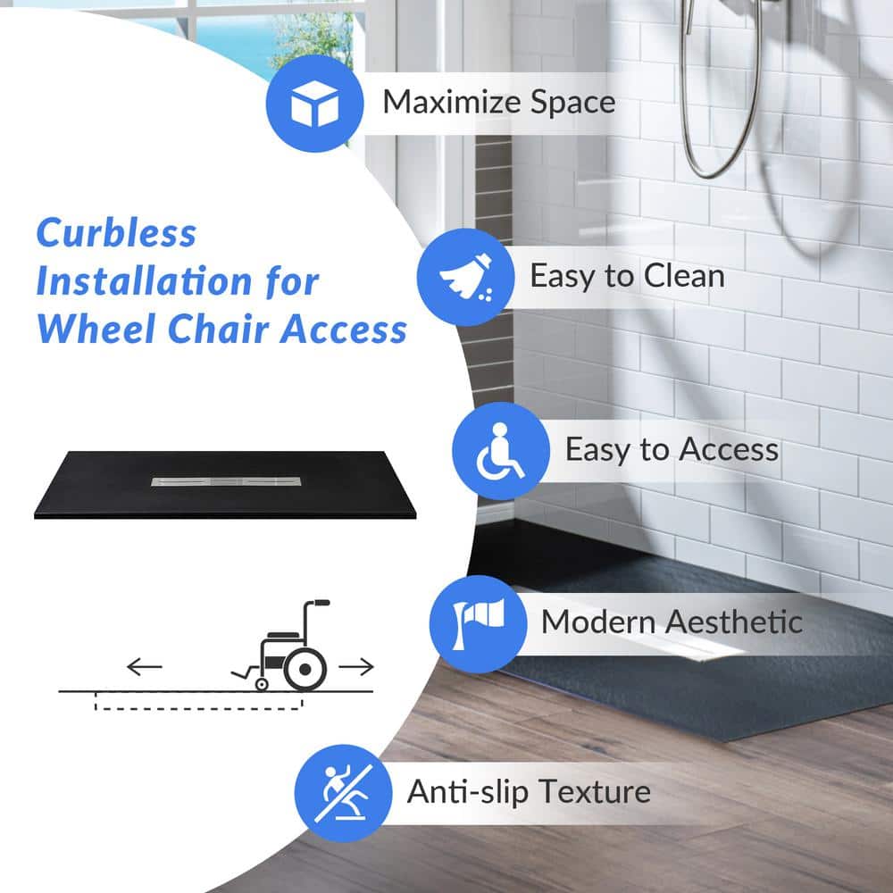 Black Solid Surface Low-Profile Rectangular Shower Base