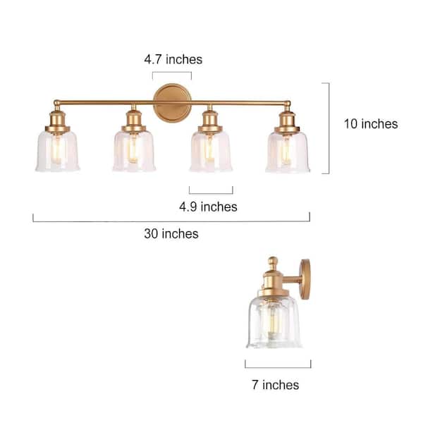 Mid-Century Modern Bathroom Vanity Light 29.9 in. 4-Light Brass Gold Bell Wall Light with Clear Glass Shades
