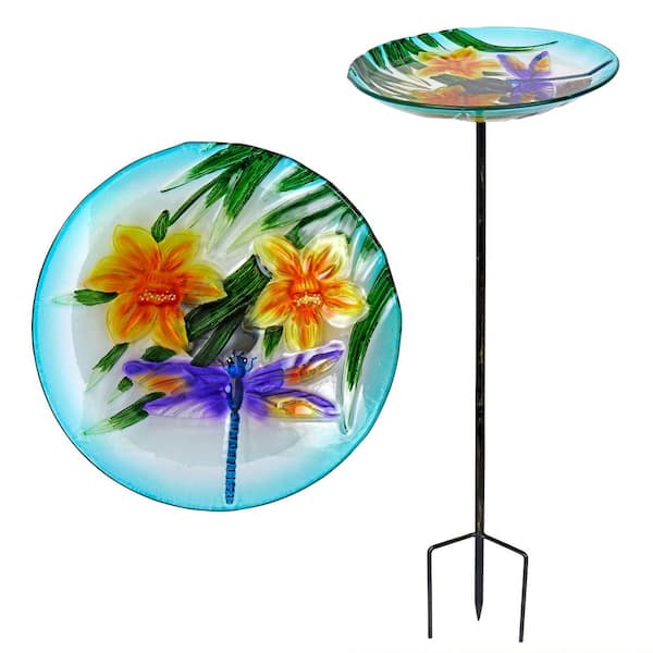 Alpine Corporation 10" Glass Stake Birdbath w/Flowers & Dragonfly