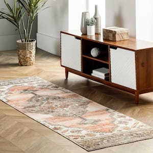 Gracie Distressed Medallion Machine Washable Peach 3 ft. x 12 ft. Runner Rug Area Rug