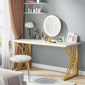 55 in. Large Modern Computer Desk, Rectangle White and Gold Wood Writing Desk