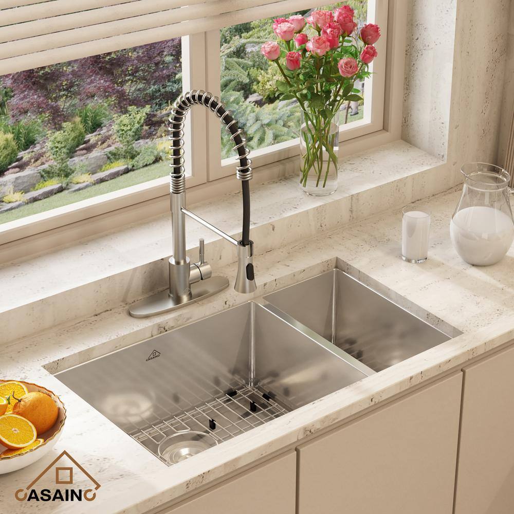 32" Satin Stainless Steel Undermount Double Bowl Kitchen Sink with Faucet