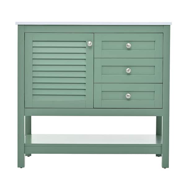 Aoibox 36 in. Freestanding Bath Vanity Cabinet in Green with White Sink Top, 2 Drawers and Soft Closing Doors