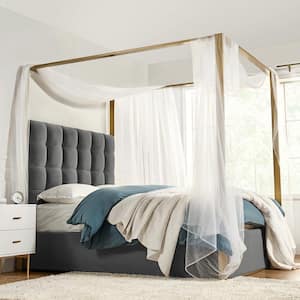 Madeleine Grey Gold Metal Wood Frame Upholstered Queen Size Canopy Bed