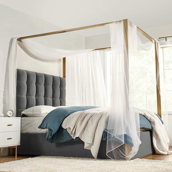 JAYDEN CREATION Madeleine Grey Gold Metal Wood Frame Upholstered Queen Size Canopy Bed