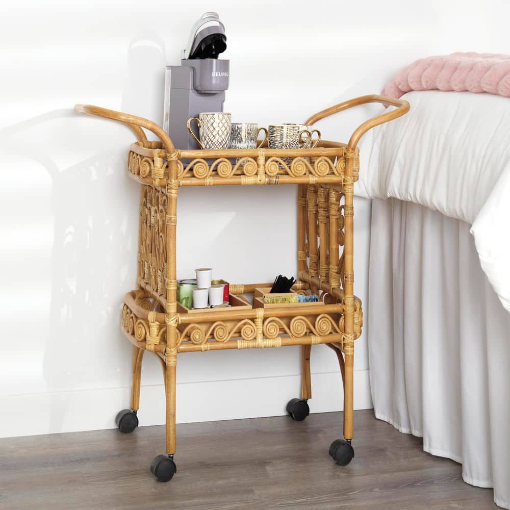 Natural Brown Rattan Round Kitchen Cart with Storage