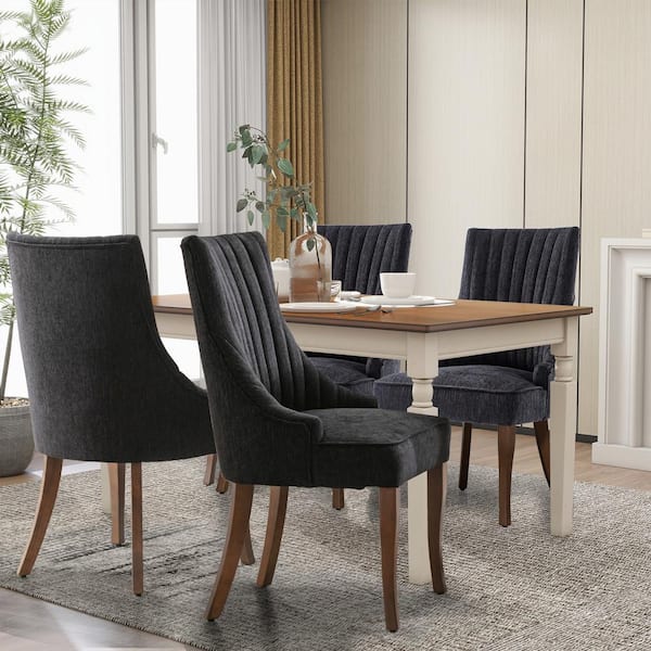 WONDER COMFORT Comfy Black Linen Channel Tufted Upholstered Dining Chairs Set of 4 with Solid Wood Legs