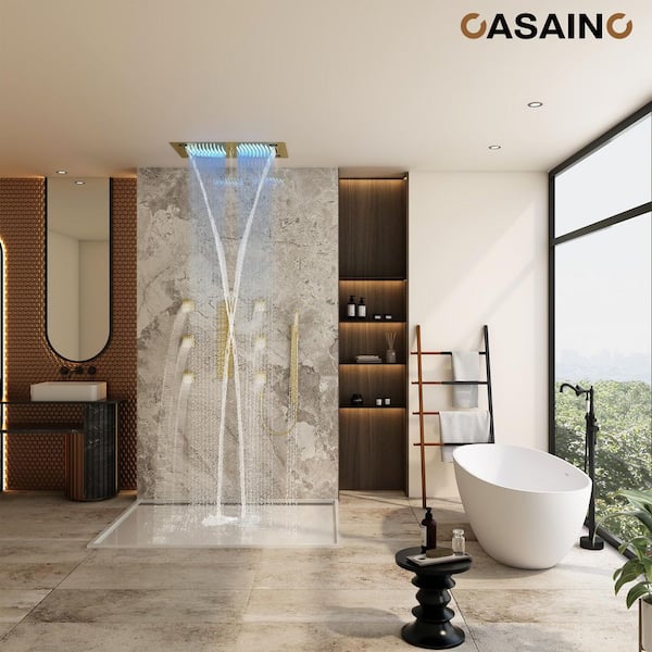 6-Spray Luxury Ceiling Mount Thermostatic Fixed Handheld Shower Head 3 Functions Shower Faucet 2.5 GPM in Brushed Gold