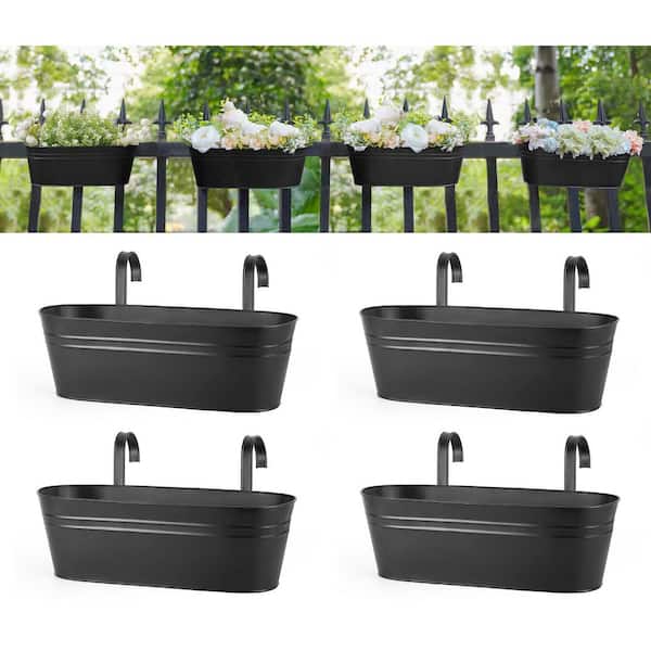 Black Metal Hanging Planter Buckets with Detachable Hooks, 15.7 in. Railing Flower Pots for Garden Fence Yard (4-Pack)