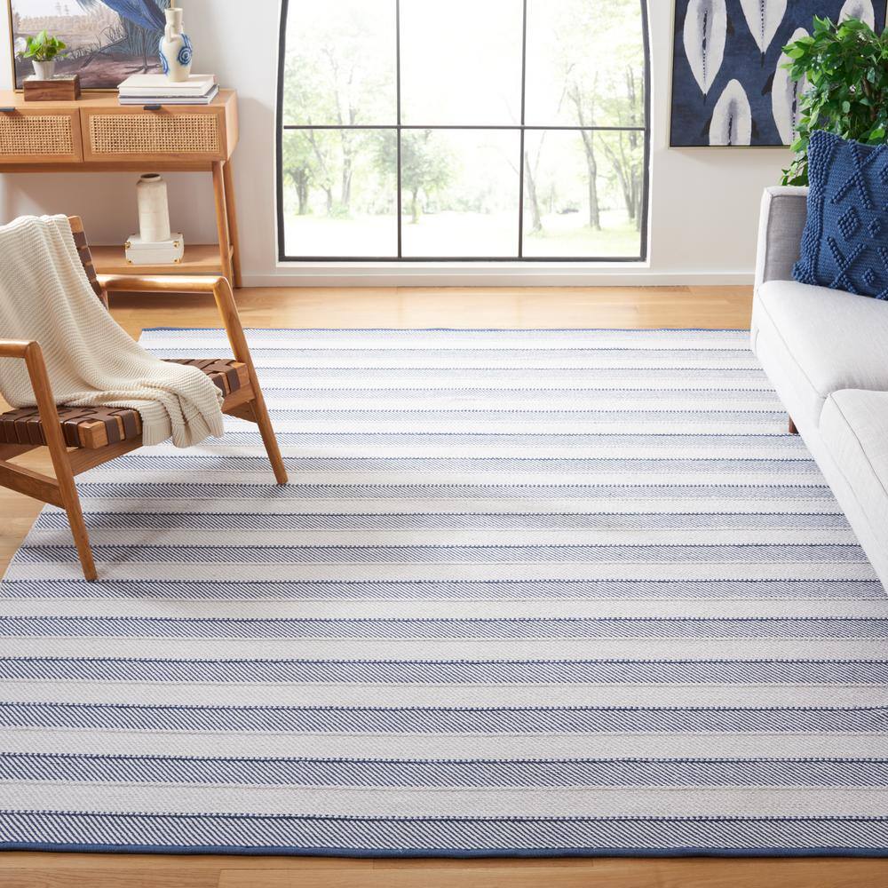 Grey and Blue Striped 8' x 10' Wool Cotton Area Rug