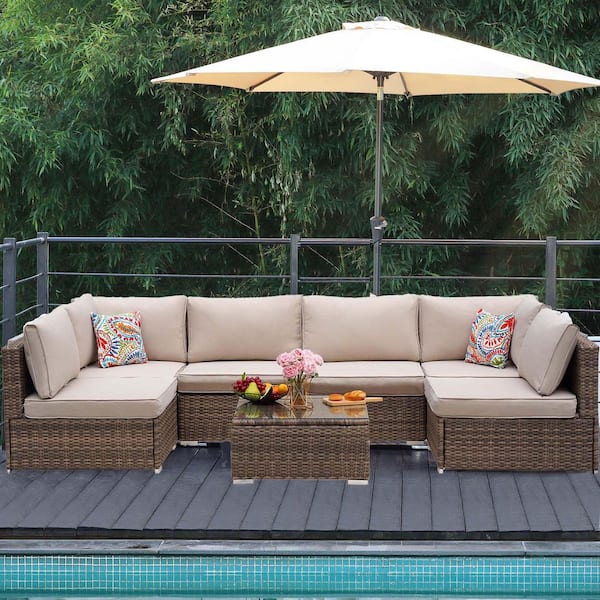 Sudzendf 8-Piece Wicker Patio Conversation Set, Sofa Set with Brown Cushions, Glass Table and Fire Pit