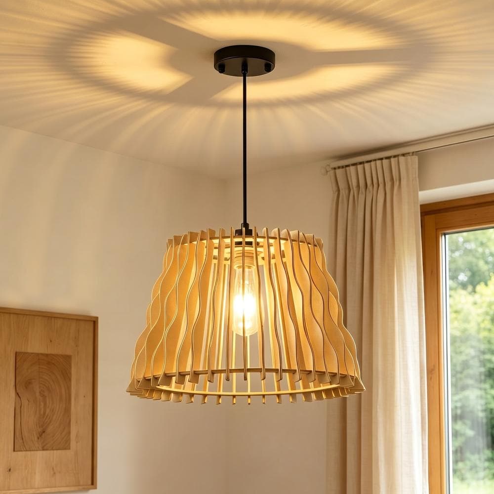 Wood Slat Pendant Light, Adjustable Ceiling Light Fixture, 15.75-inch Wavy Wooden Hanging Lamp for Kitchen Island price history on PriceWatchPro