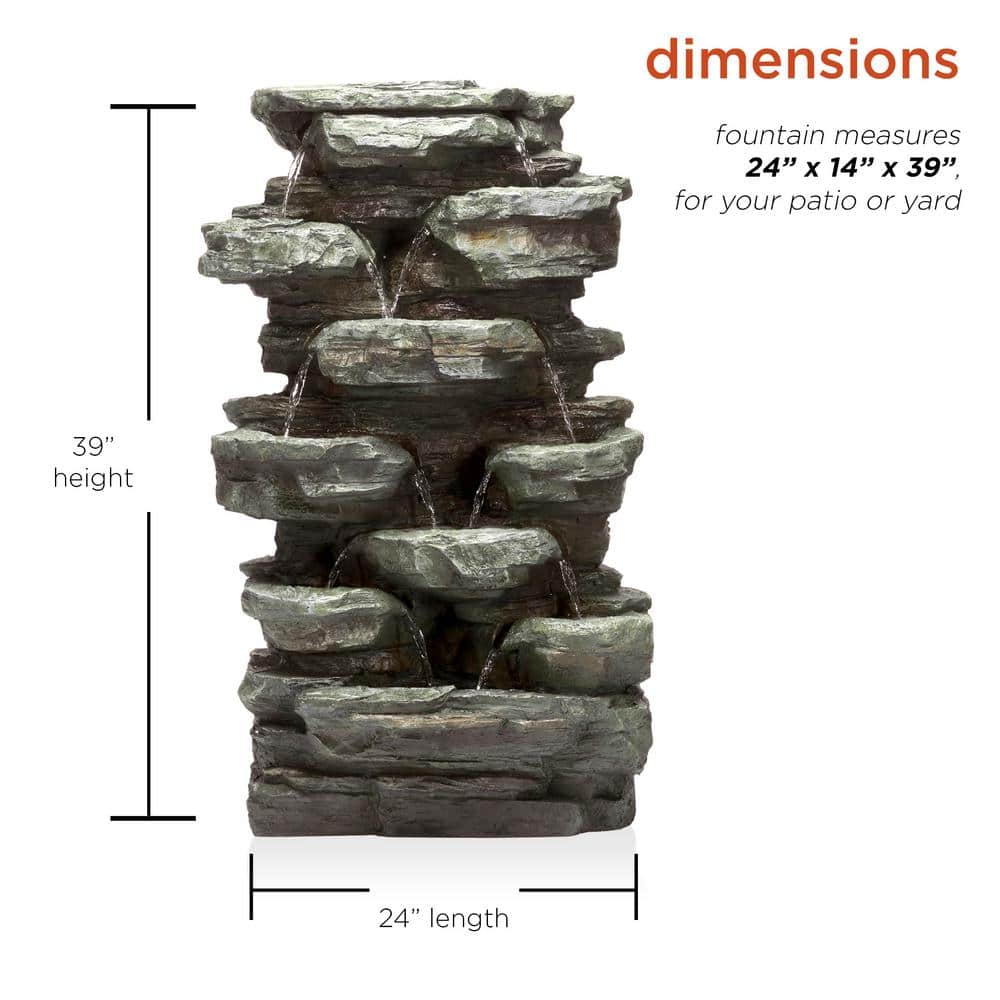 Gray Stone 39" Solar Powered Tiered Rock Fountain with LED Lights
