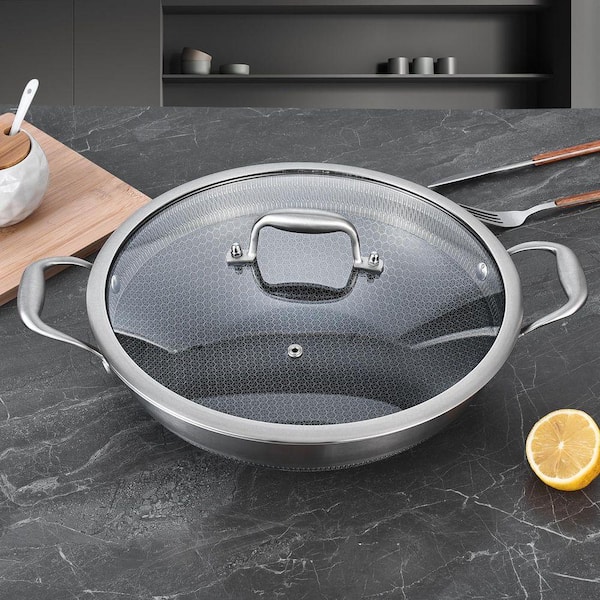 Hybrid Tri-Ply Stainless Steel Wok Pan 12 in. Ceramic Nonstick