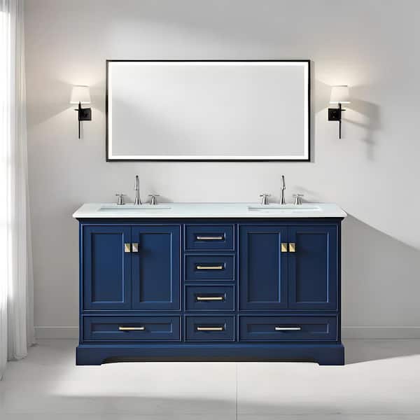 HBEZON Pallas 60 in. W x 22 in. D x 34.5 in. H Double Sink Freestanding Bath Vanity in Dark Blue with White Cultured Marble Top