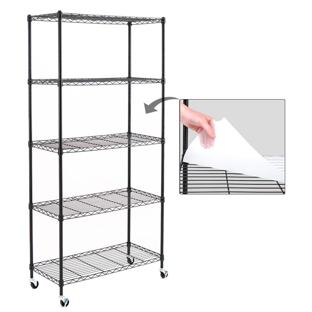 Black 5-Tier Adjustable Wire Shelving Unit with Wheels