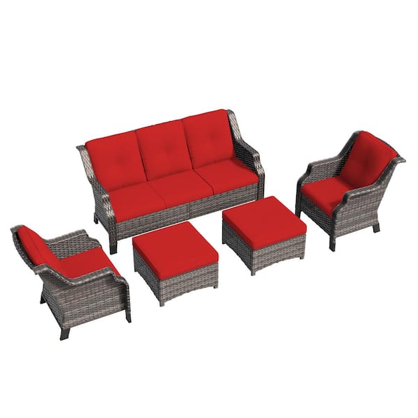 5-Piece Wicker Outdoor Patio Sofa Conversation Set Sectional Seating with Red Cushions and Ottomans