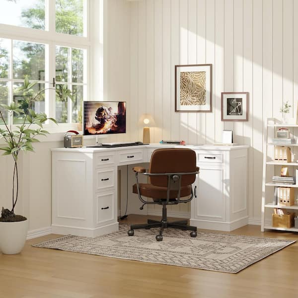 FUFU&GAGA 63 in. L-Shaped White Wood 6-Drawer Desk with USB