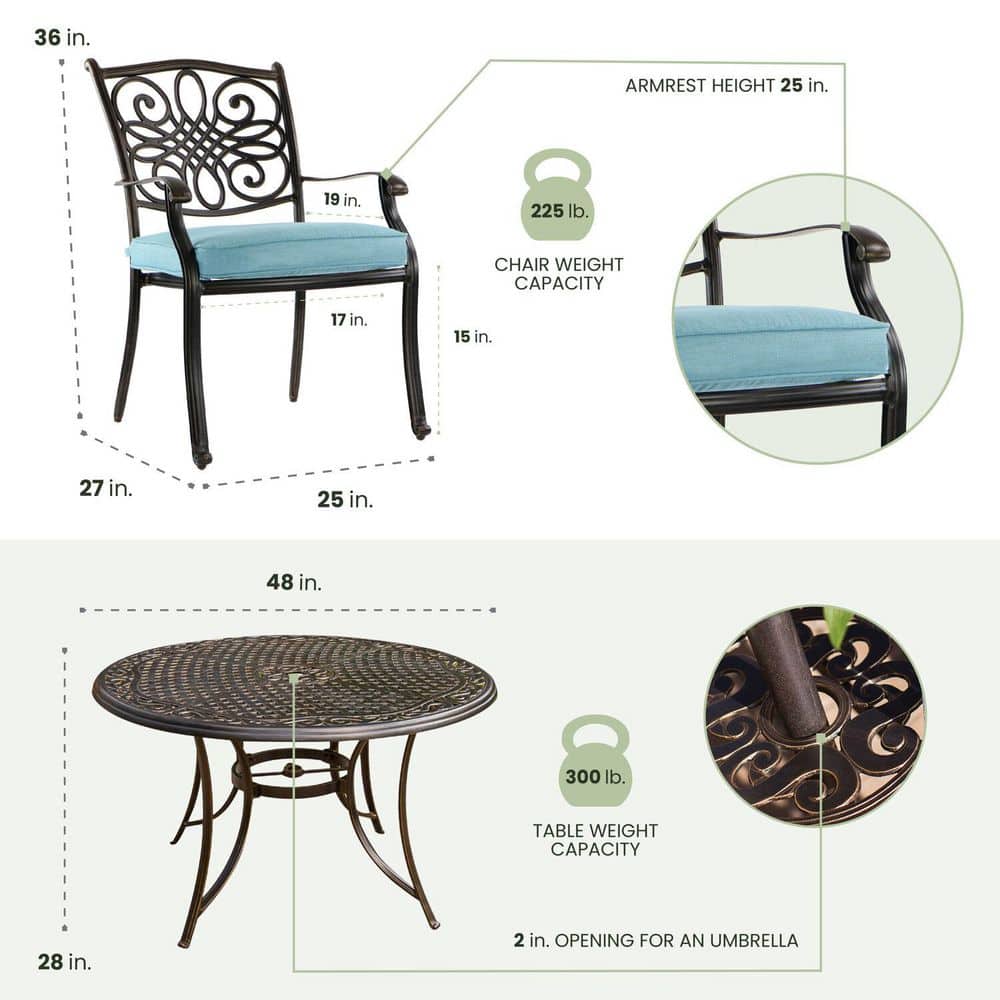 Bronze Aluminum Outdoor Dining Set with Blue Cushions