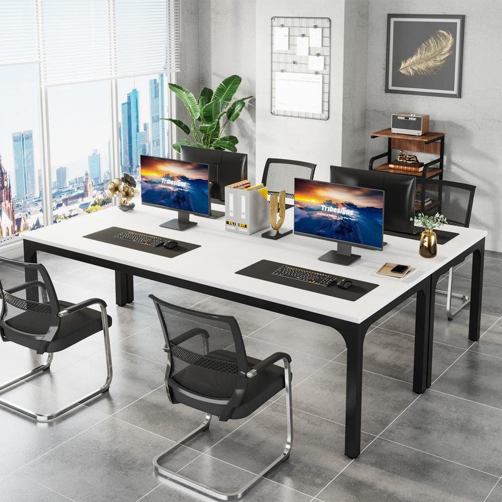 Moronia 78. 7in. Rectangle White Wooden Extra Long Computer Desk 2-Person Desk Workstaion with Black Metal Frame