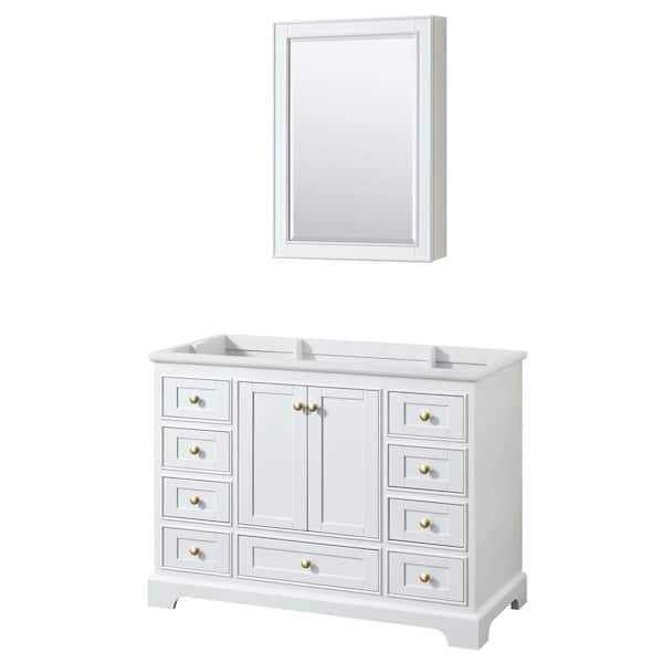 Wyndham Collection Deborah 47.25 in. W x 21.5 in. D x 34.25 in. H Bath Vanity Cabinet without Top in White with Gold Trim and MC Mirror