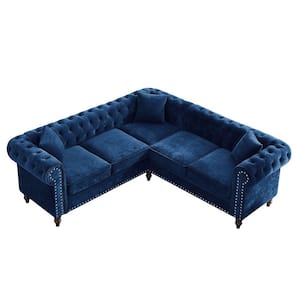 80 in. Rolled Arm Velvet Tufted L Shaped Sofa in Blue with Nailhead Trim and Removable Cushions