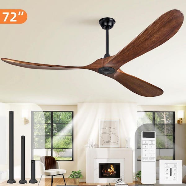 72 in. Modern Black Downrod Ceiling Fan, 3 Solid Wood Brown Blades, Remote Control & Wall Switch, 6-Speed, Without Light