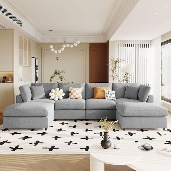 134.4 in. Square Arm Polyester Sectional Sofa with Removable Ottomans in. Gray