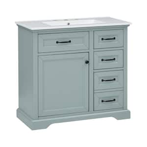 Kieranth 36 in. Grey Modern Bath Vanity with White Ceramic Top, Drawers, Tip-Out Drawers, Shelves, Cabinet