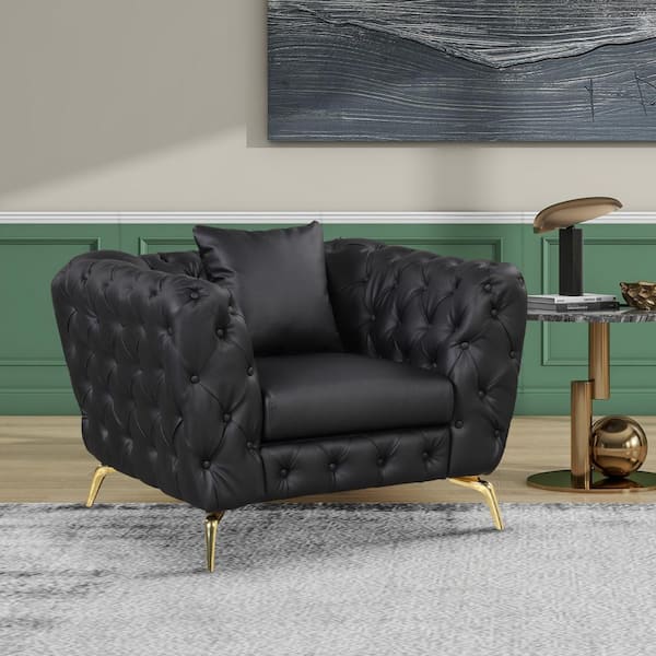 Harper & Bright Designs Black Faux Leather Arm Chair with Sturdy Metal Legs, Button Tufted Back