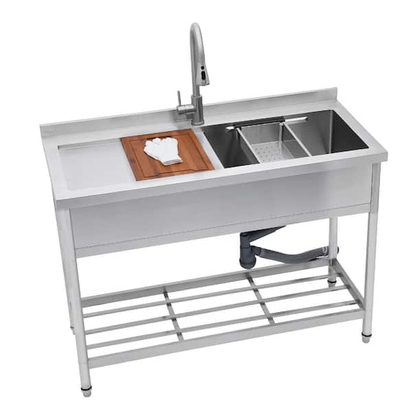47 in. Freestanding 1-Compartment Commercial Workstation Kitchen Sink in Stainless Steel with Faucet and Drainboard